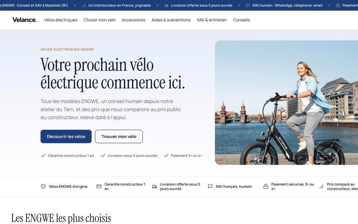 Page d'accueil de Velance, boutique de vélos électriques ENGWE